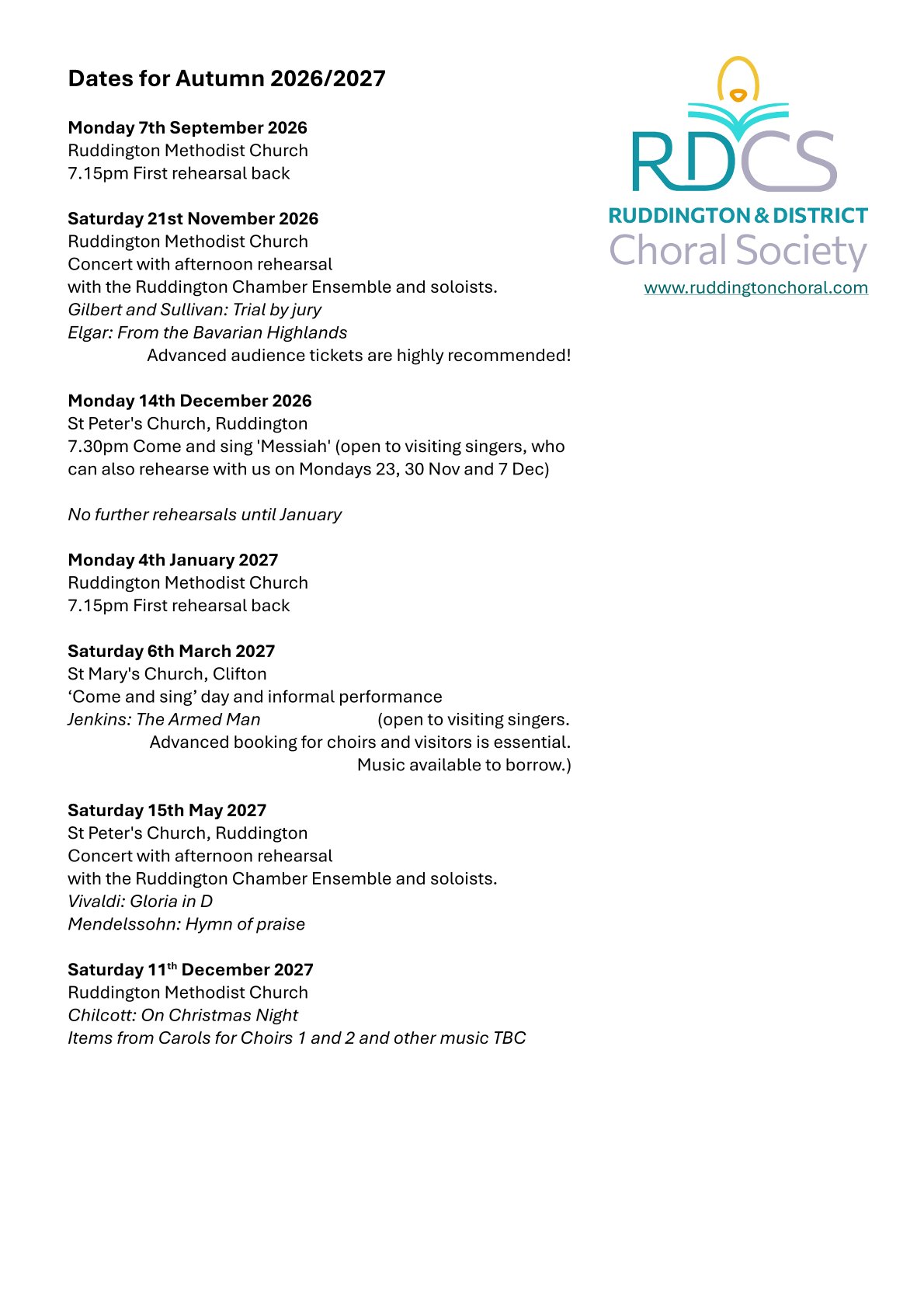 Ruddington and District Choral Society Members' information
