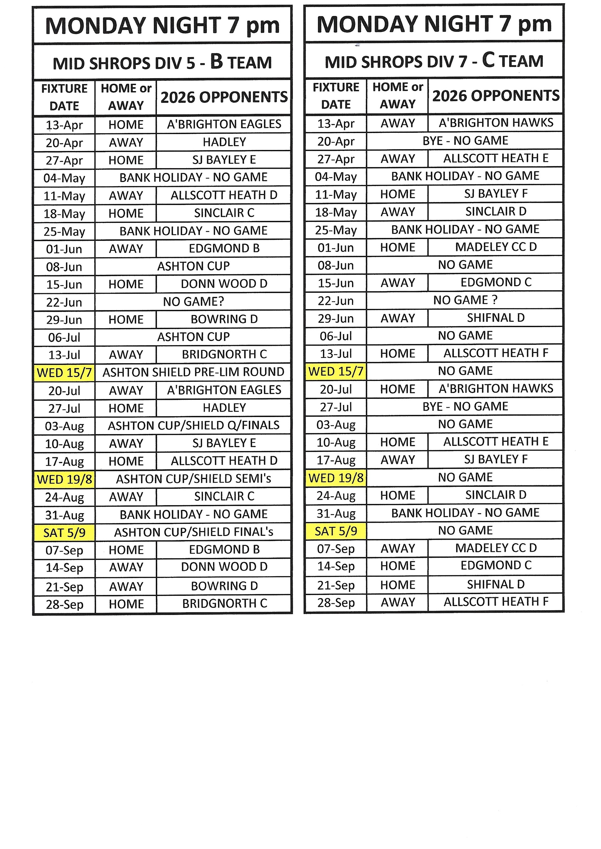 Much Wenlock Bowling Club Monday Night Fixtures