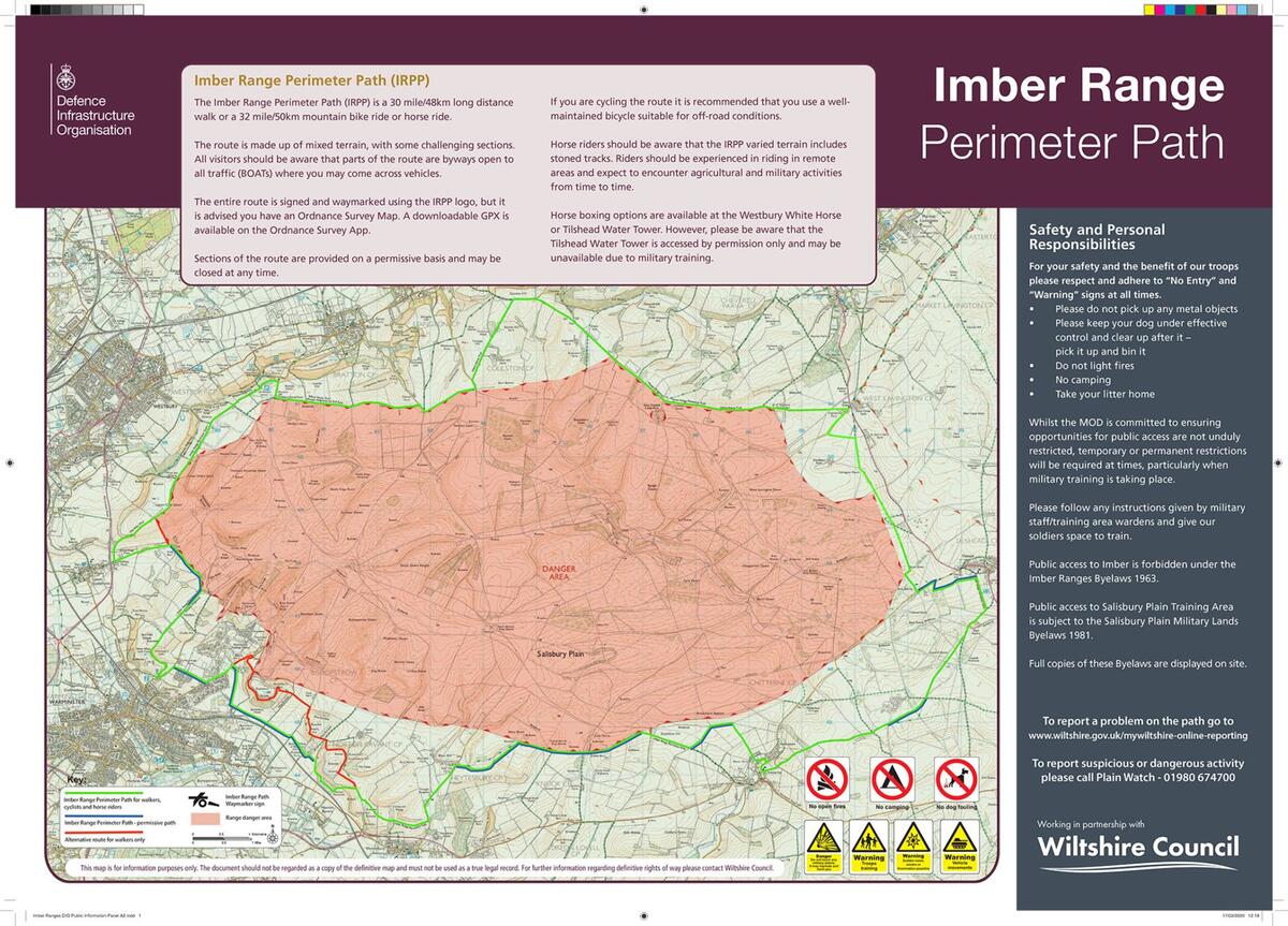 The Imber Range Perimeter Path (IRPP) is a 30 mile/48km long distance walk or a 32 mile/50km mountain bike ride or horse ride.