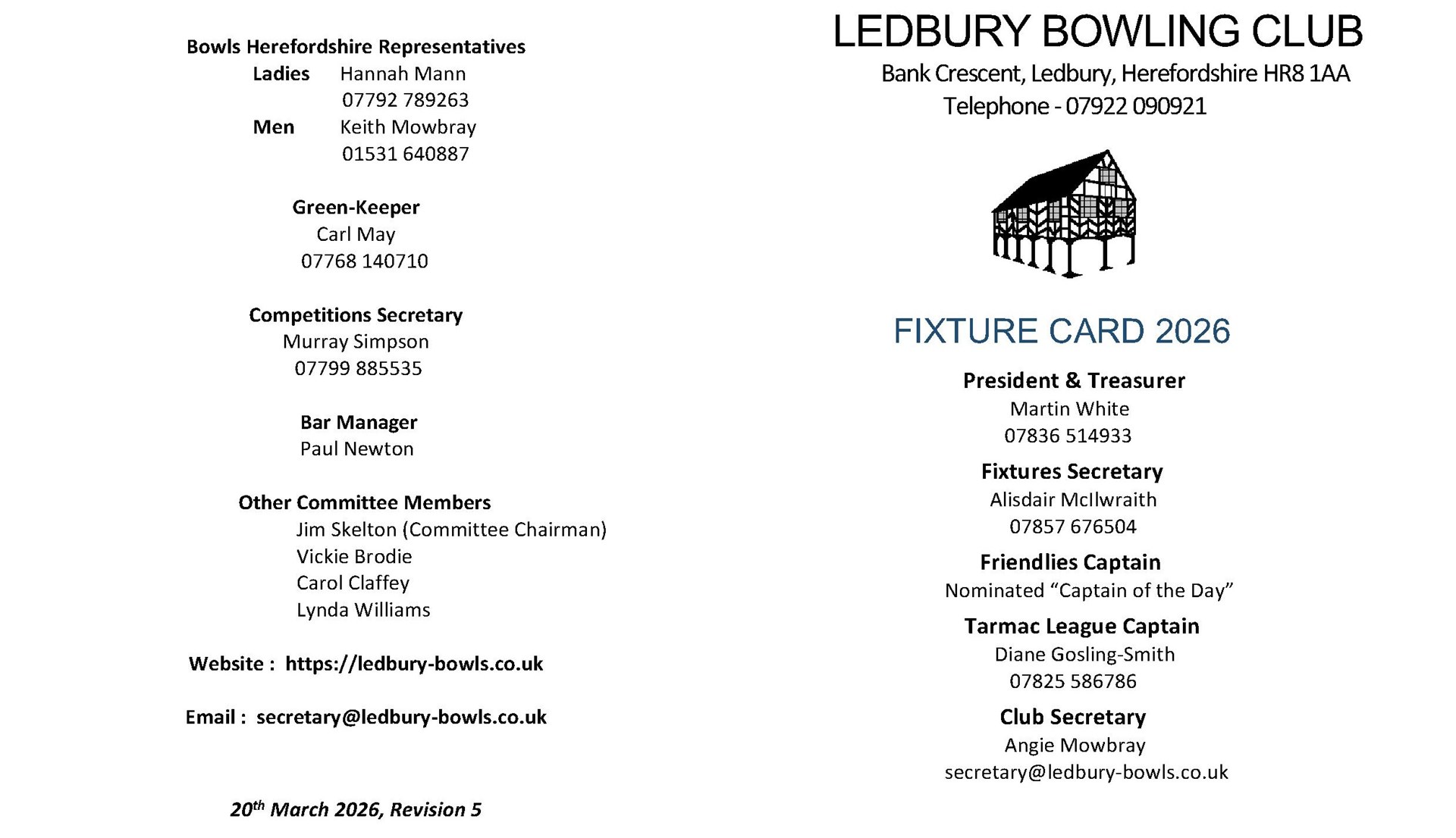 Ledbury Bowling Club Fixture Card 2026 (inc Tarmac League)