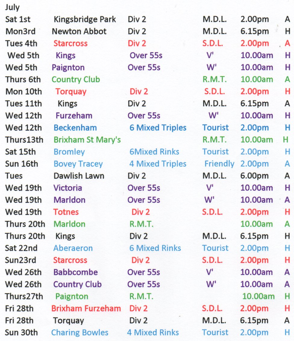 Paignton Torbay Bowling Club July fixtures