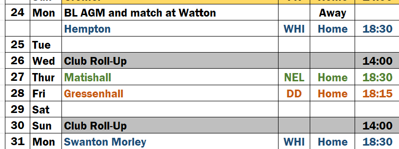 Fixtures for the Week starting 24th August