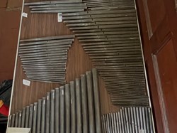 Inside the organ: rows of metal pipes