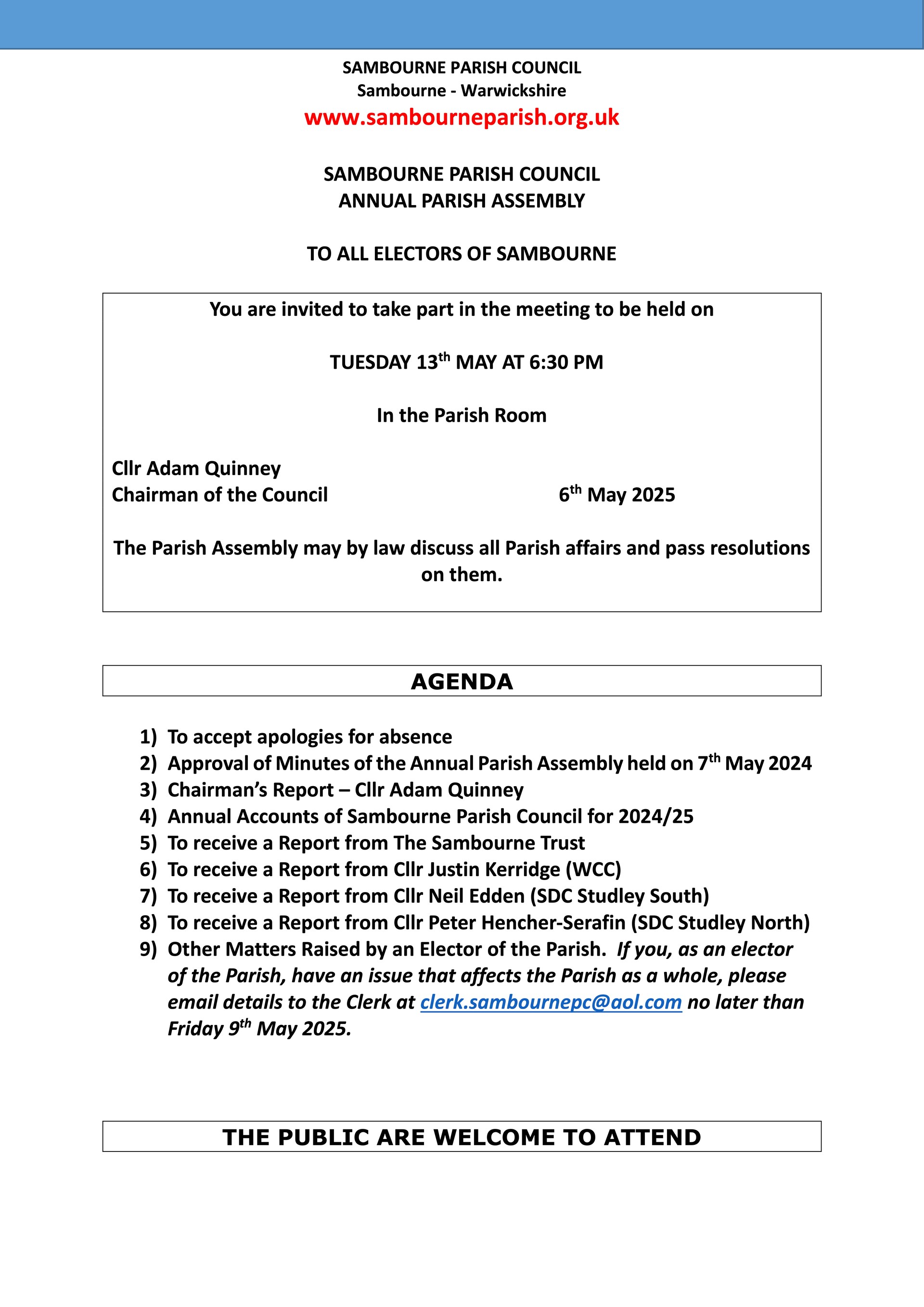 Sambourne Parish Council Agendas