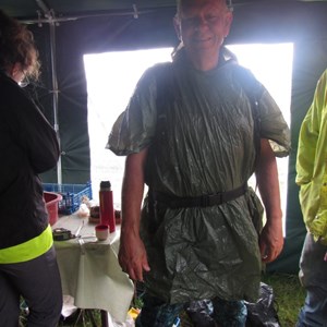 Richard in his wet weather gear trying to start a new fashion! After all what was plastic invented for?
