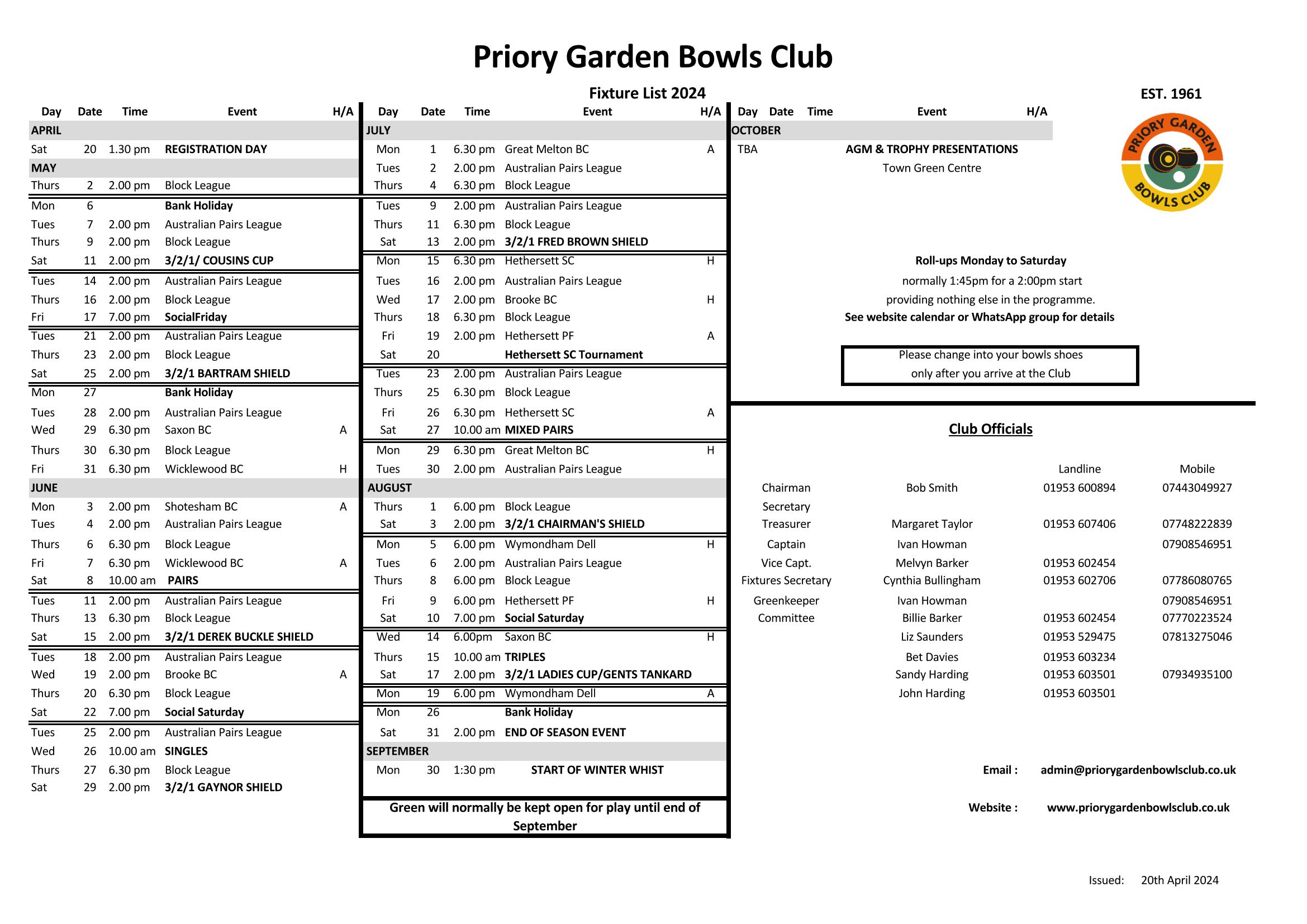 Priory Garden Bowls Club Fixtures & Roll-ups