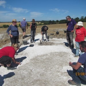 Meanwhile strange shapes possibly pits are being uncovered in trench 1 – these are marked out for excavation.