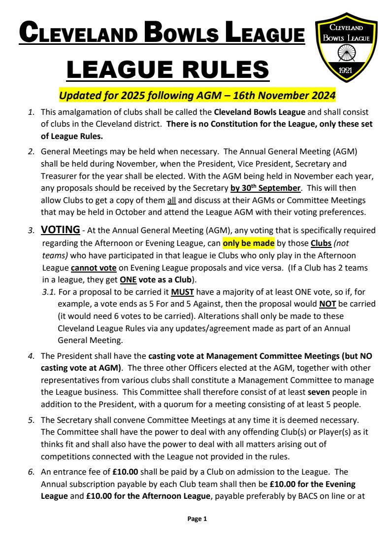 CLEVELAND BOWLS LEAGUE 1921 Rules - Updated Jan 2024