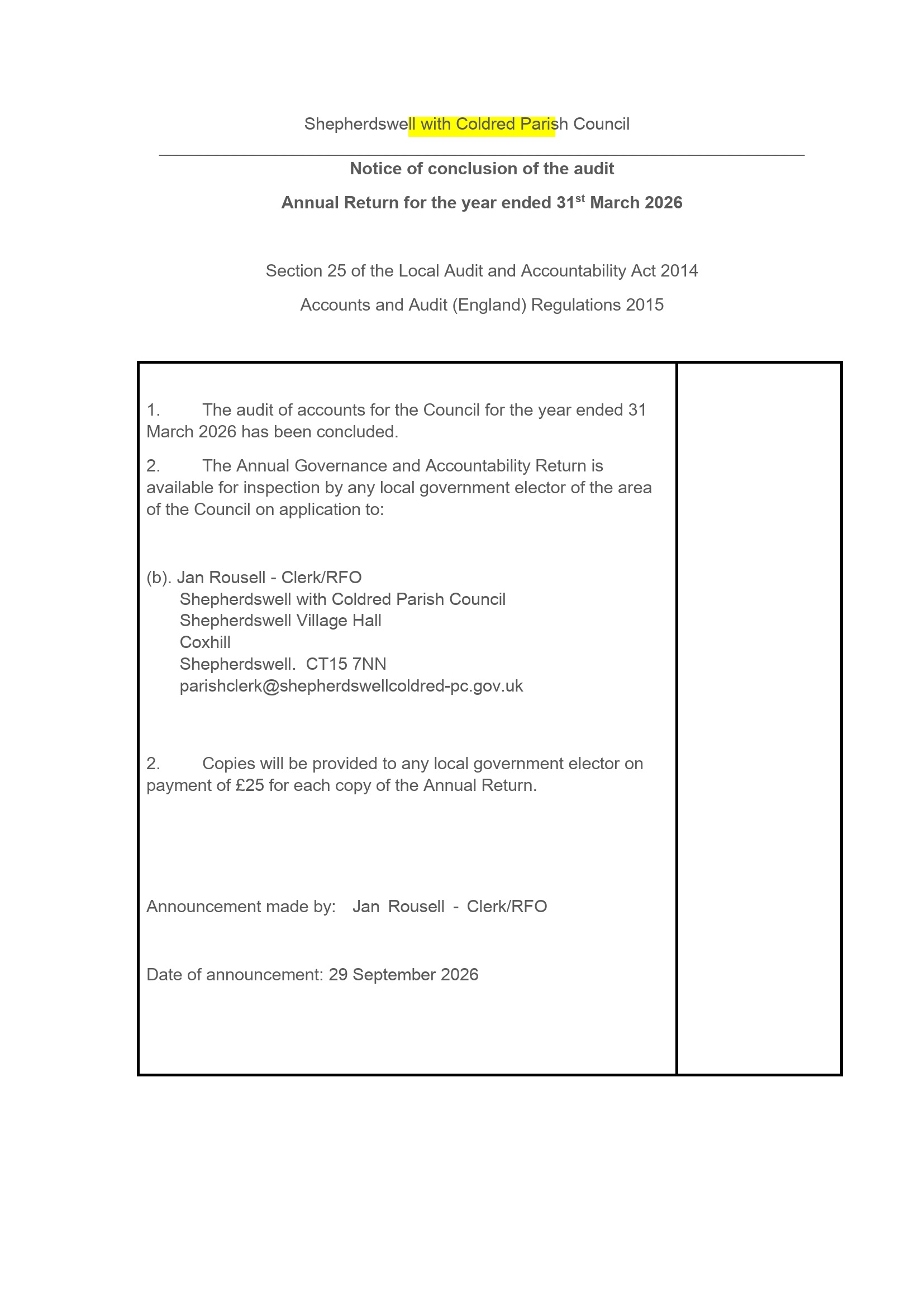 Shepherdswell with Coldred Parish Council Finance
