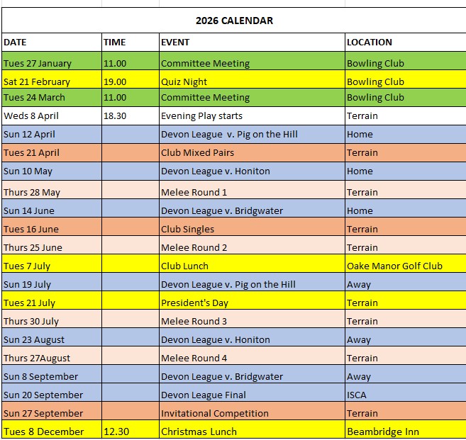 Wellington Pétanque Club Calendar