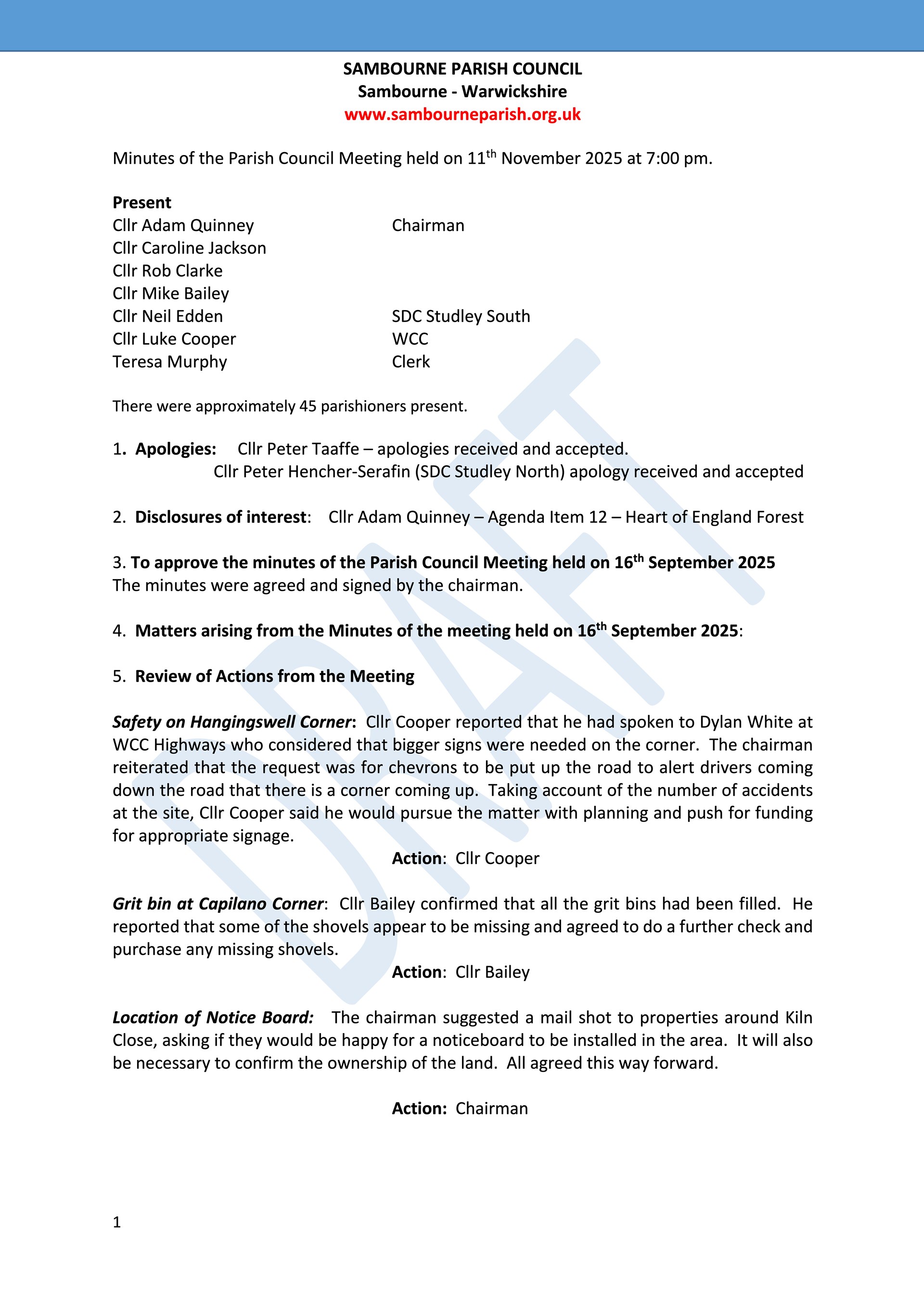 Sambourne Parish Council July 2025 to present