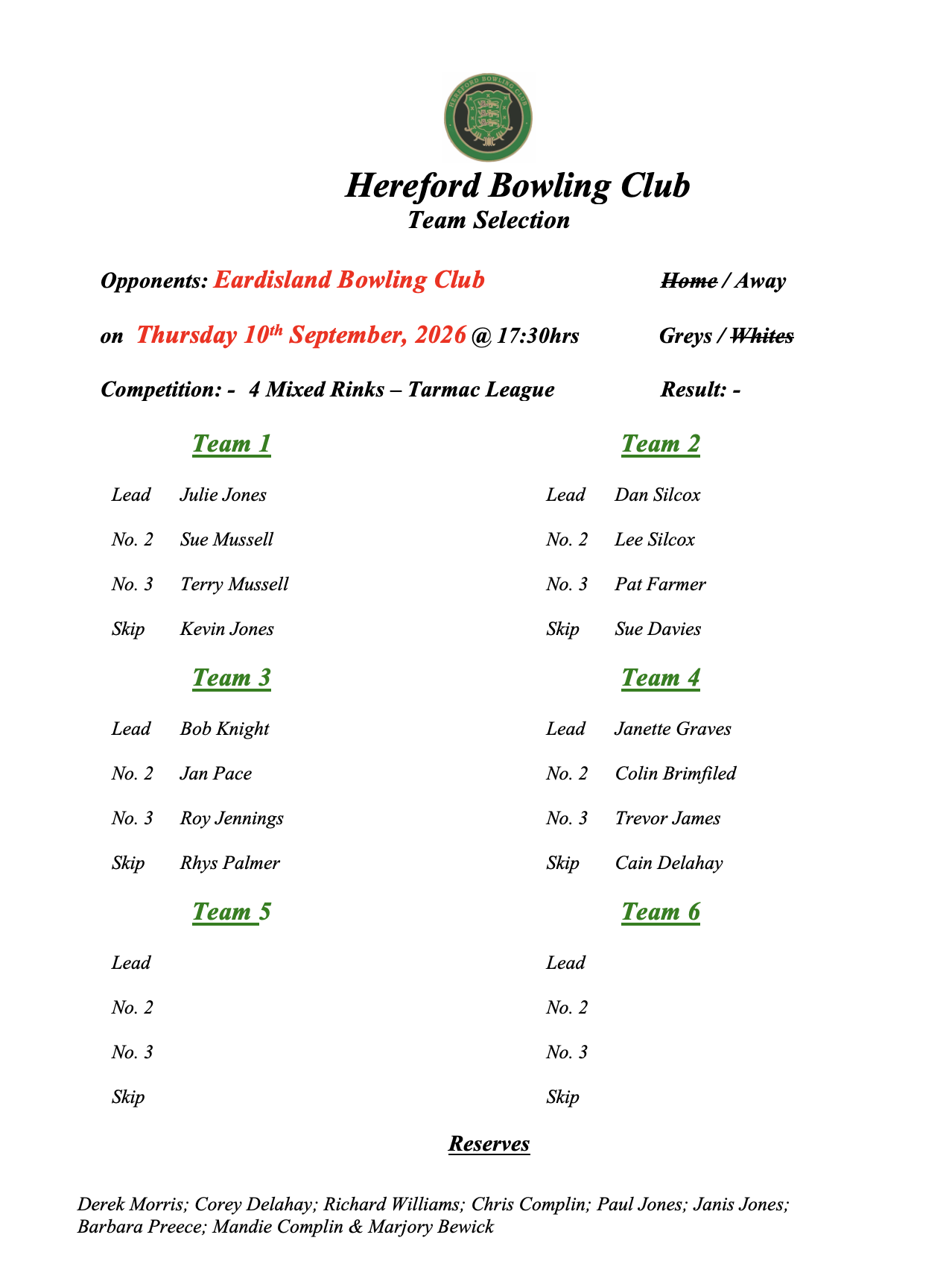 Hereford Bowling Club Eardisland - Tarmac League 10/09/26