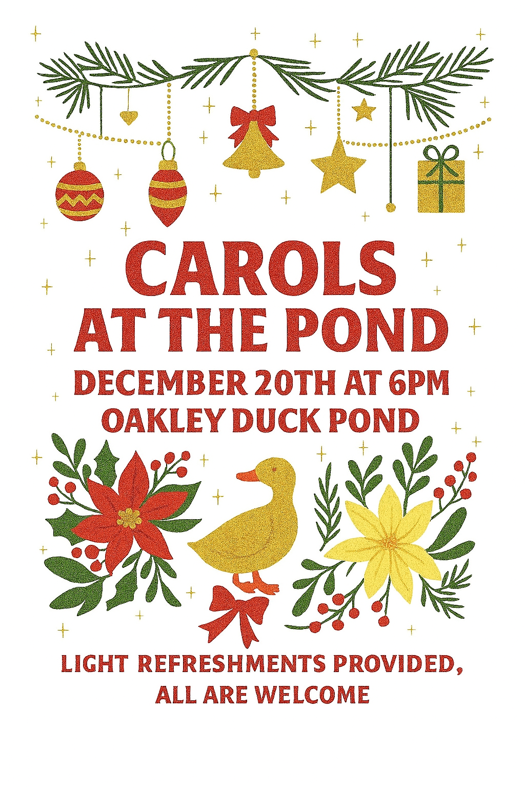 Wrap up cosy, and come enjoy a festive sing‑along by the Pond with friends, neighbours, and plenty of Christmas cheer. Donations will be collected this year for:   🎄Oakley Stitchers 🎄Oakley Scout & Guide Premises 🎄Oakley Table Top Gardening   We can’t wait to see you there!