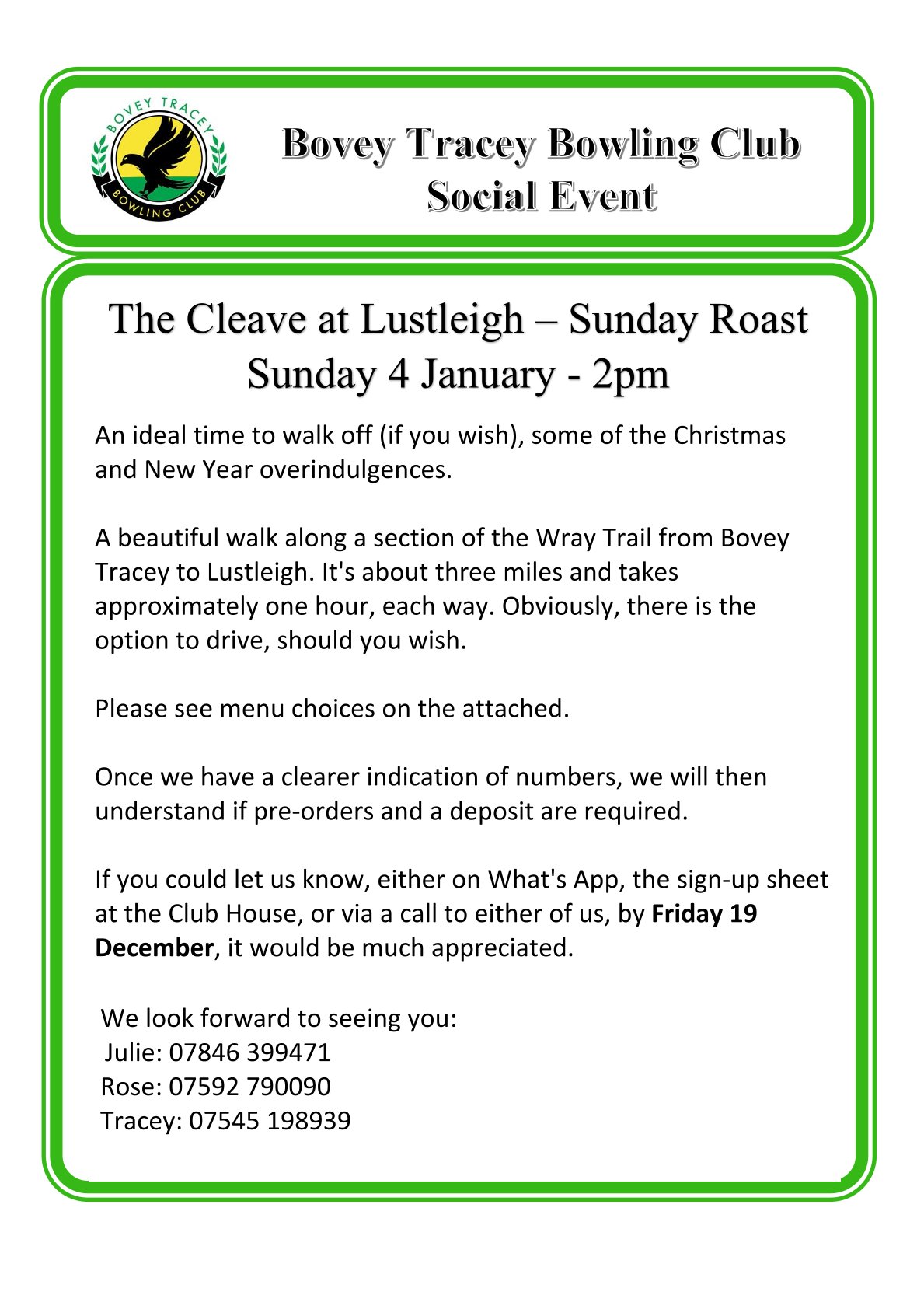 Bovey Tracey Bowling Club. SOCIAL DIARY Winter 25/26