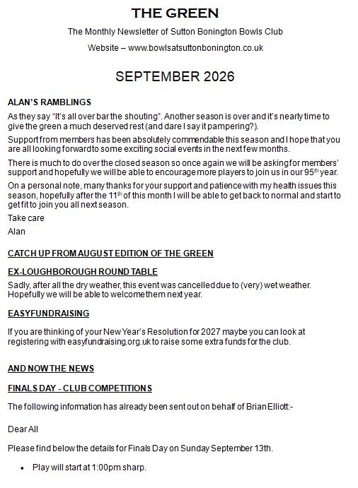 Sutton Bonington Bowls Club The Green - Club Newsletter