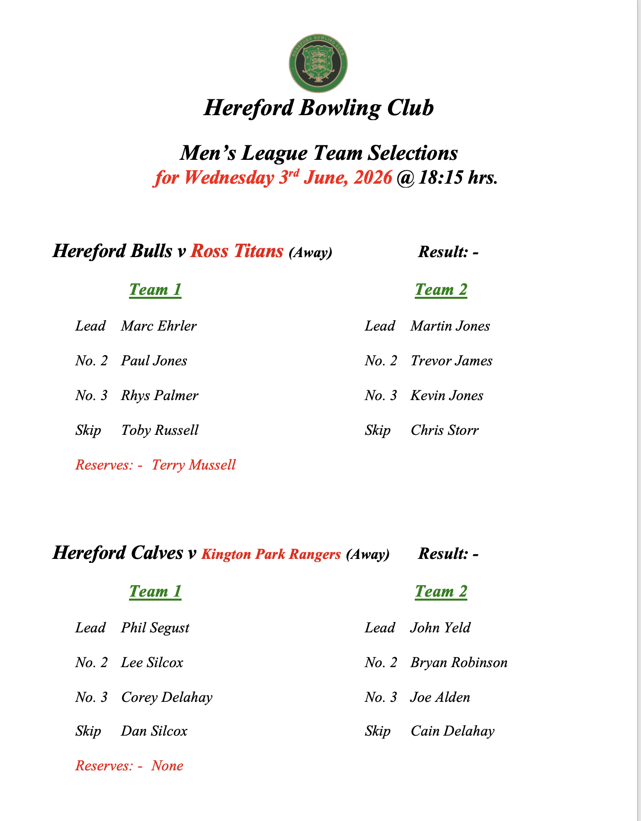 Hereford Bowling Club Men's League - 03/06/26