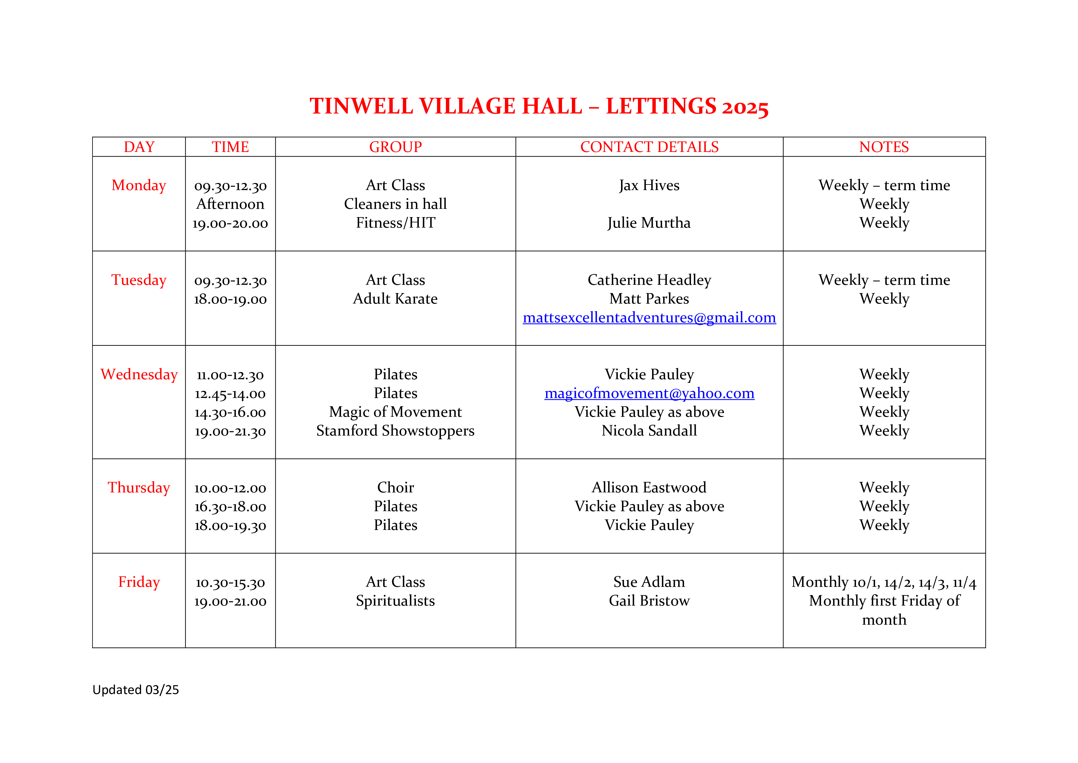 Tinwell Village Hall Regular Classes