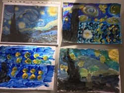 We like to show our groups famous artists and see how they interpret them. Starry nights by Van Gogh was very interesting. The results were gorgeous.
