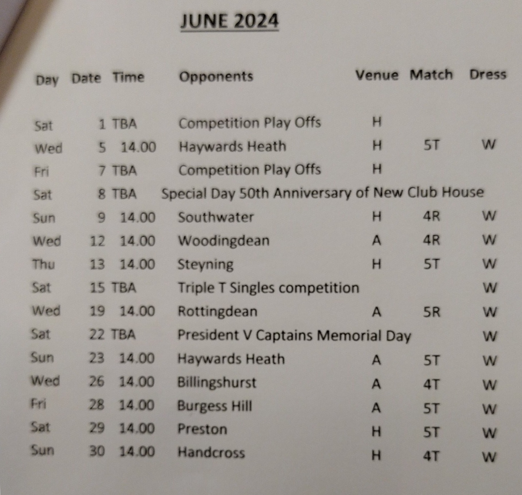 Henfield Bowling Club Fixtures - June 2024