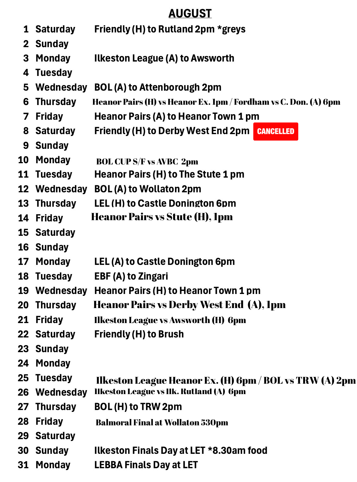Long Eaton Town Bowls Club Fixtures Calendar