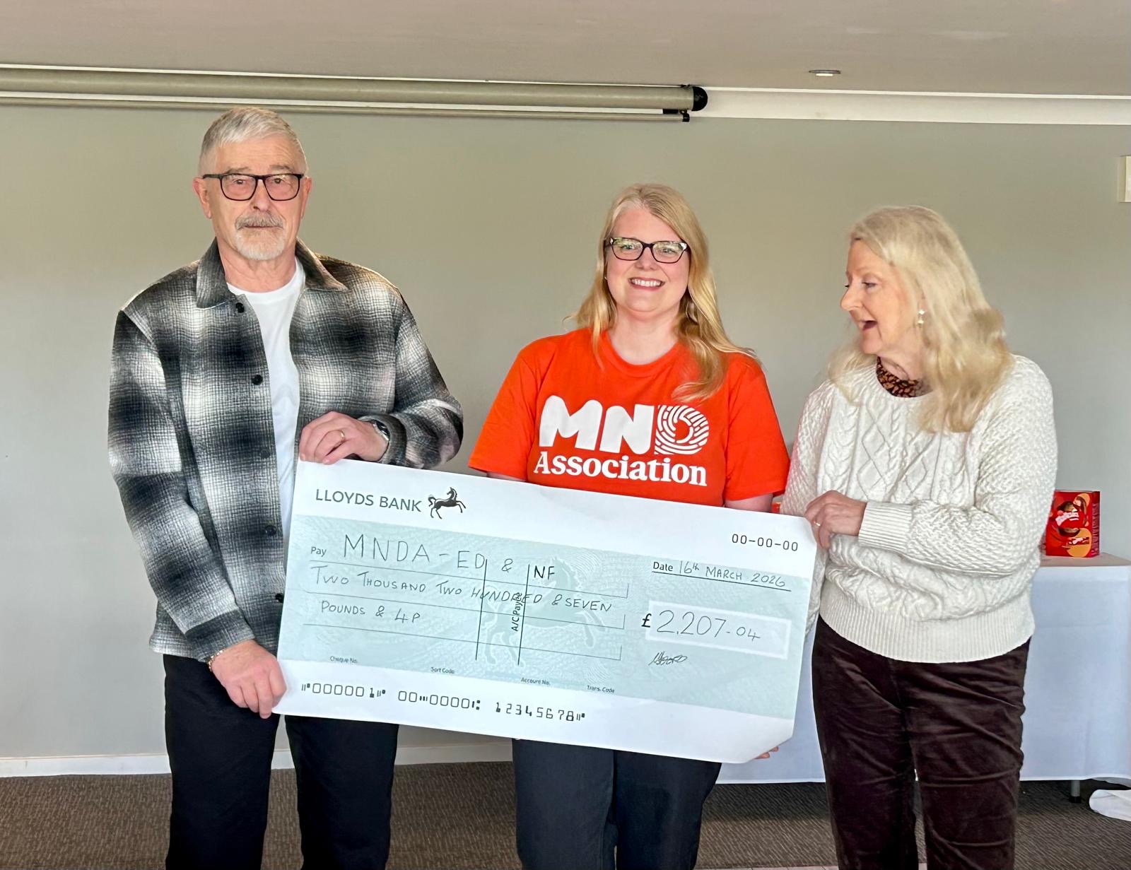 Cheque given to MNDA charity 2026