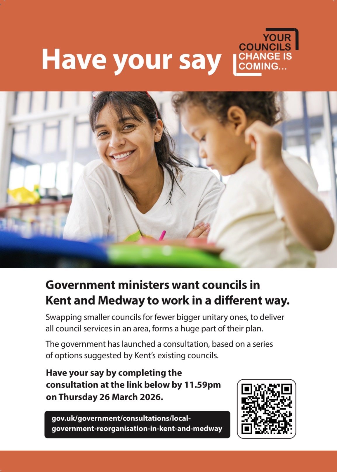 Find out about plans for local government reorganisation and have your say by clicking on the poster or following the QR code.
