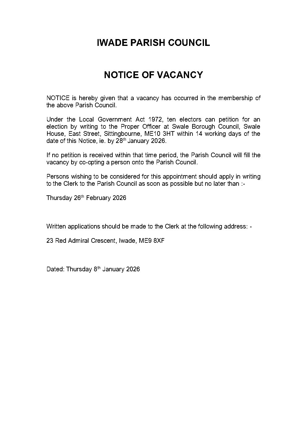 Iwade Parish Council Parish Councillor Vacancies