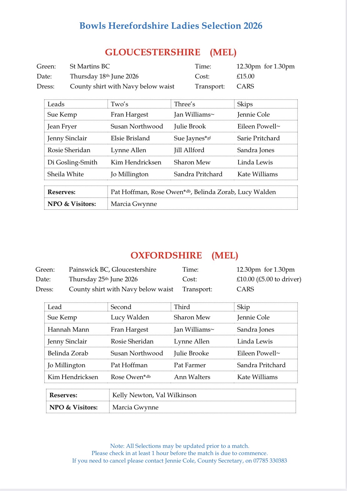 Herefordshire Ladies v Gloucestershire and. Oxfordshire MEL
