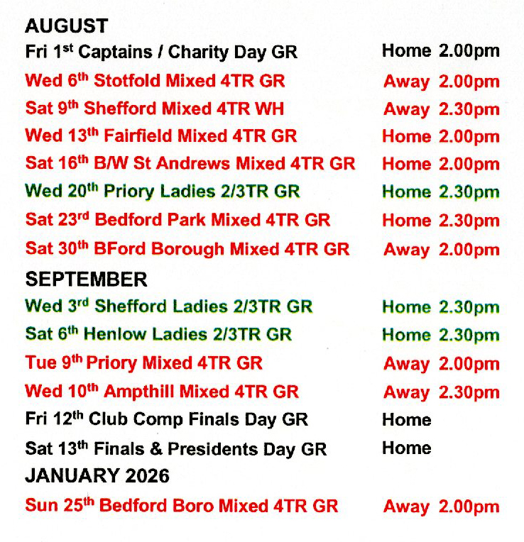 Mowsbury Park Bowls Club Bedford 2021 Fixtures