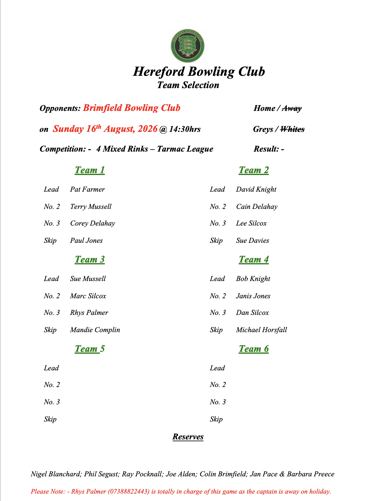 Hereford Bowling Club Brimfield - Tarmac League - 16/08/26
