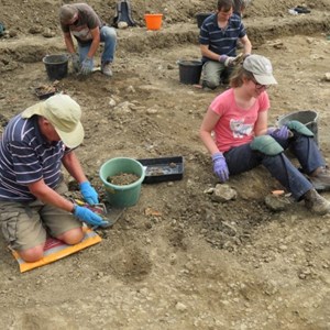 Jim, Philippa, Gary and Steve totally engrossed in trench 1. Four pieces of window glass were found in this trench
