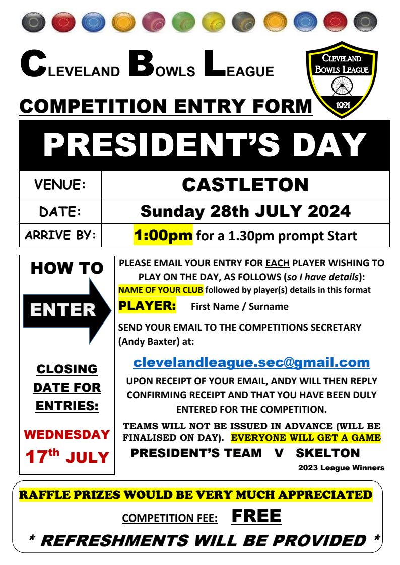 CLEVELAND BOWLS LEAGUE 1921 President's Day - Sunday 28th July