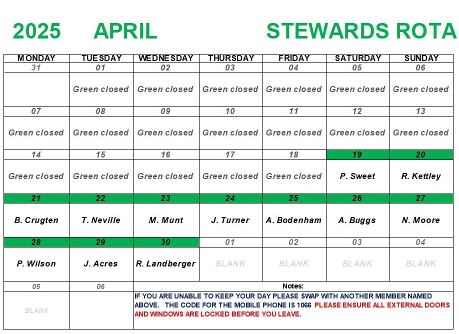 Marina Bowling Club Dawlish Monthly Rota 2025