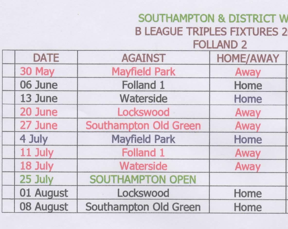 Folland Bowls Club League Fixtures