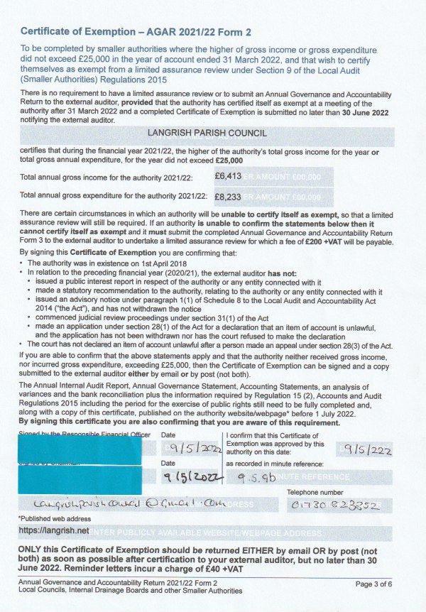 Langrish Parish Council Accounts 2021-2022