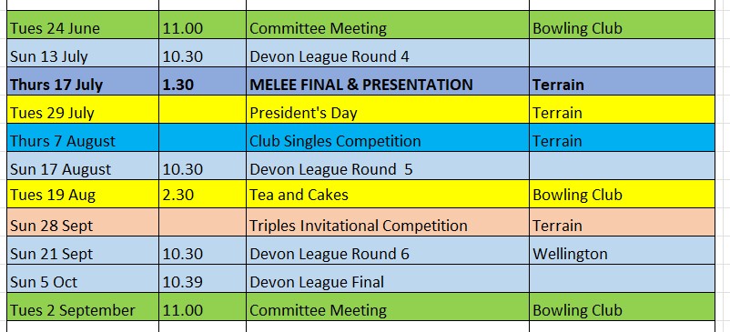 Wellington Pétanque Club Calendar