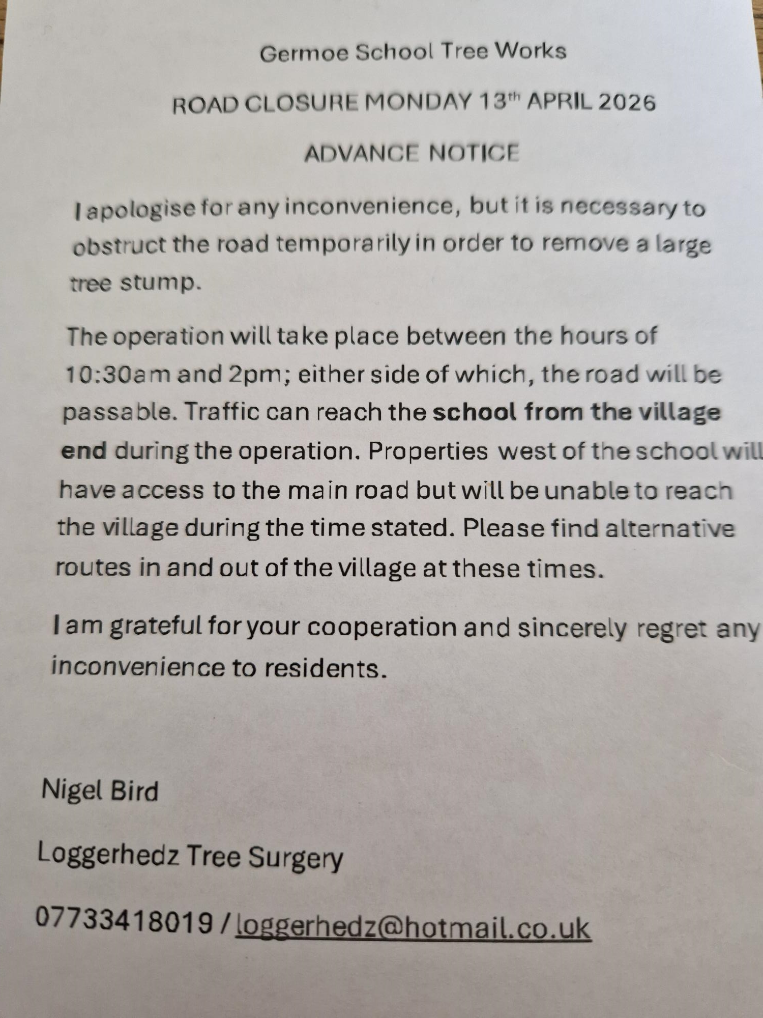 Germoe Parish Council Temporary Road Obstruction 13th April