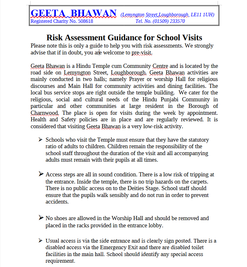 GEETA BHAWAN Risk Assessment for Visit