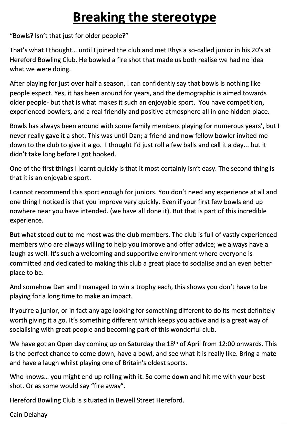 Hereford Bowling Club Breaking the Stereotype