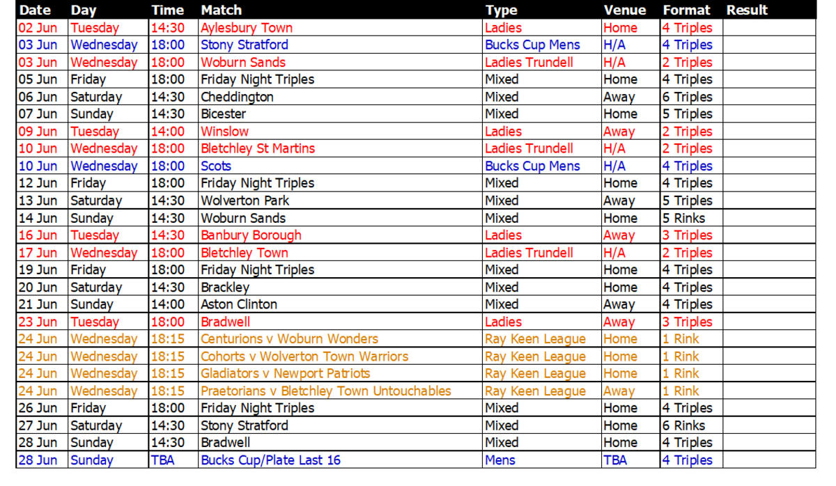 Buckingham West End Bowls Club 2006 June Fixtures