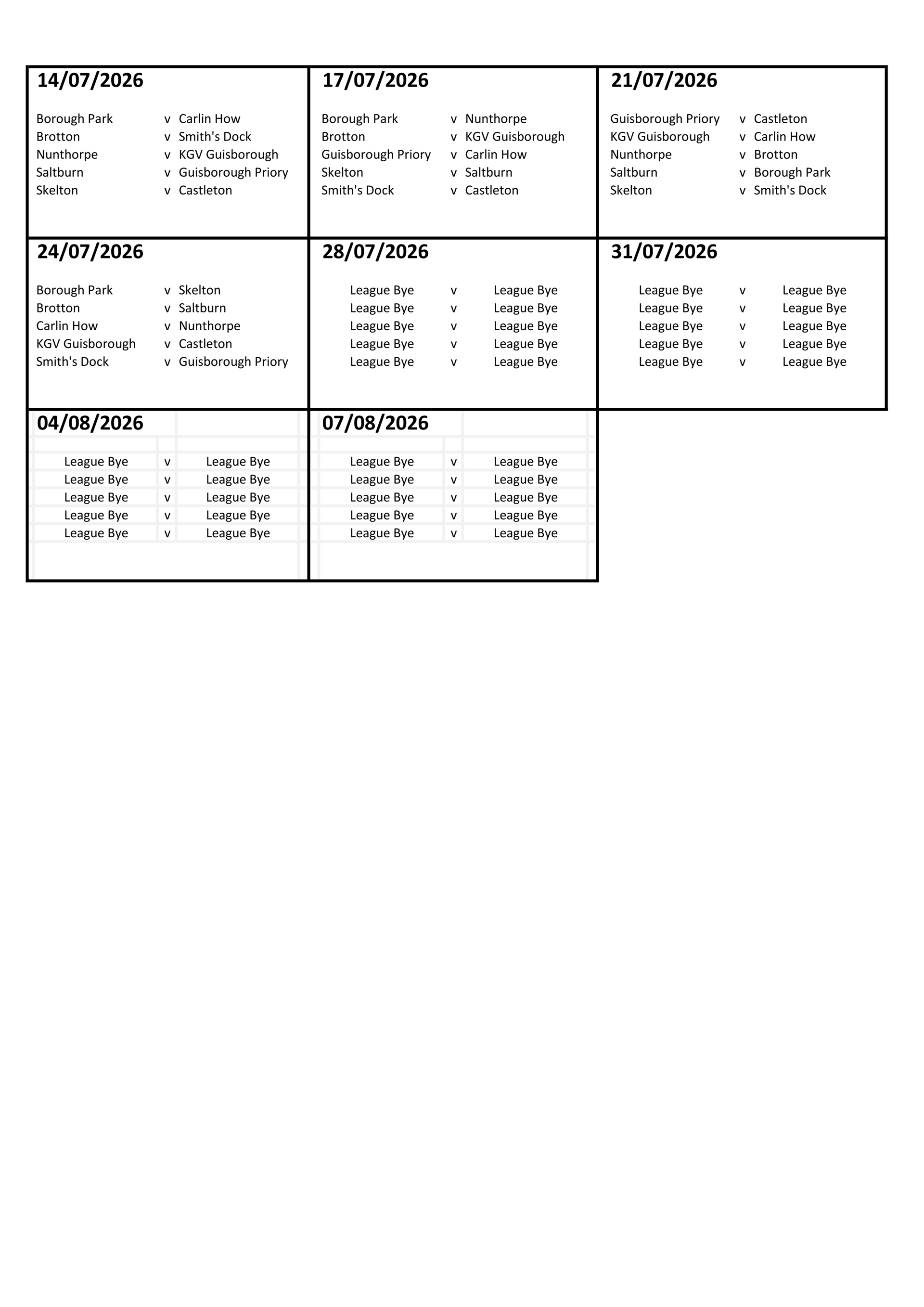 CLEVELAND BOWLS LEAGUE 1921 Evening Fixtures for 2026