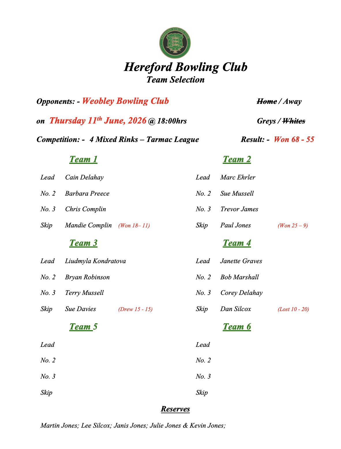 Hereford Bowling Club Weobley - Tarmac League - 11/05/26