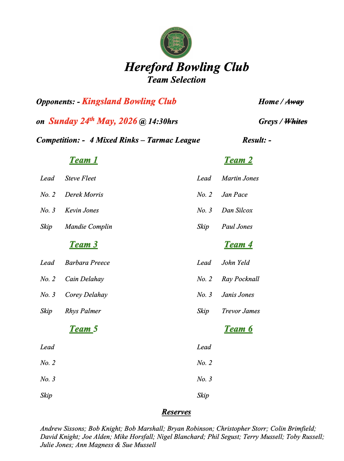 Hereford Bowling Club Kingsland - Tarmac League - 24/05/26