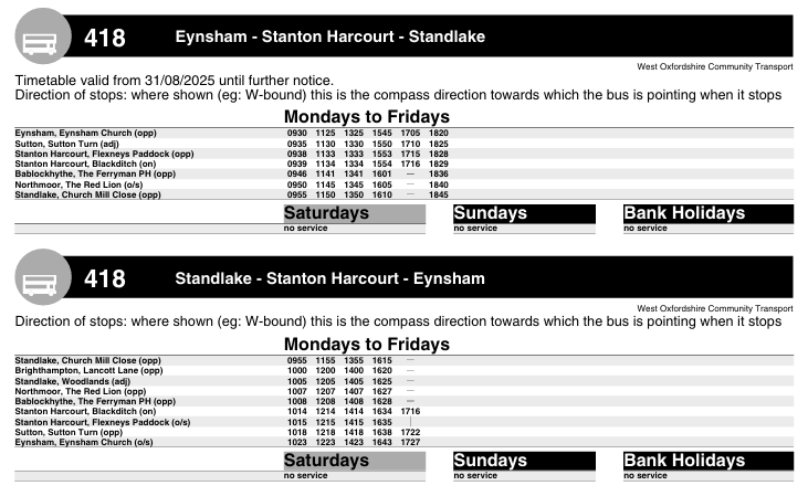 Stanton Harcourt and Sutton Parish Council Bus Timetable