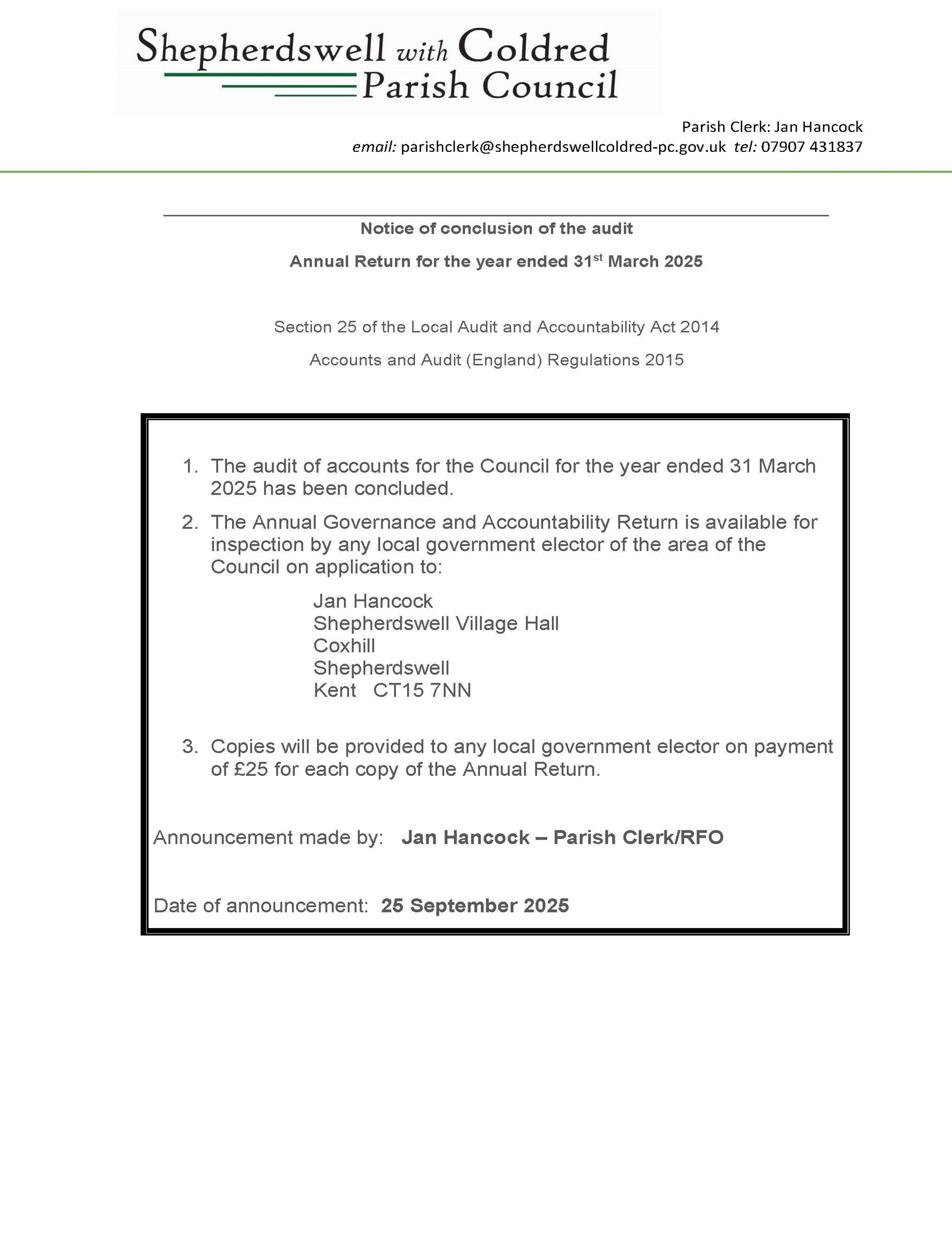 Shepherdswell with Coldred Parish Council Finance