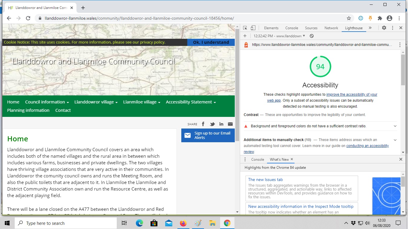 Chrome Lighthouse accessibility check carried out 6th August 2020