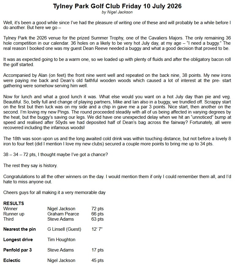 Bracknell Cavaliers Golf Society Tylney Park Friday 10 July 2026