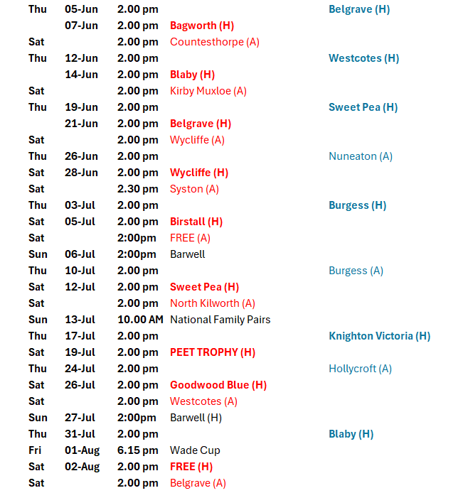 Hinckley Bowling Club Friendly Fixtures (2025).