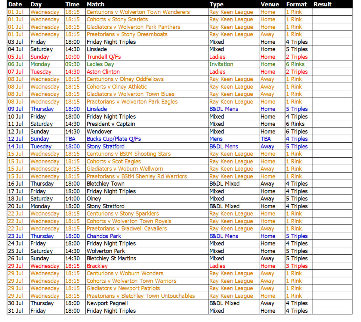 Buckingham West End Bowls Club 2006 July Fixtures