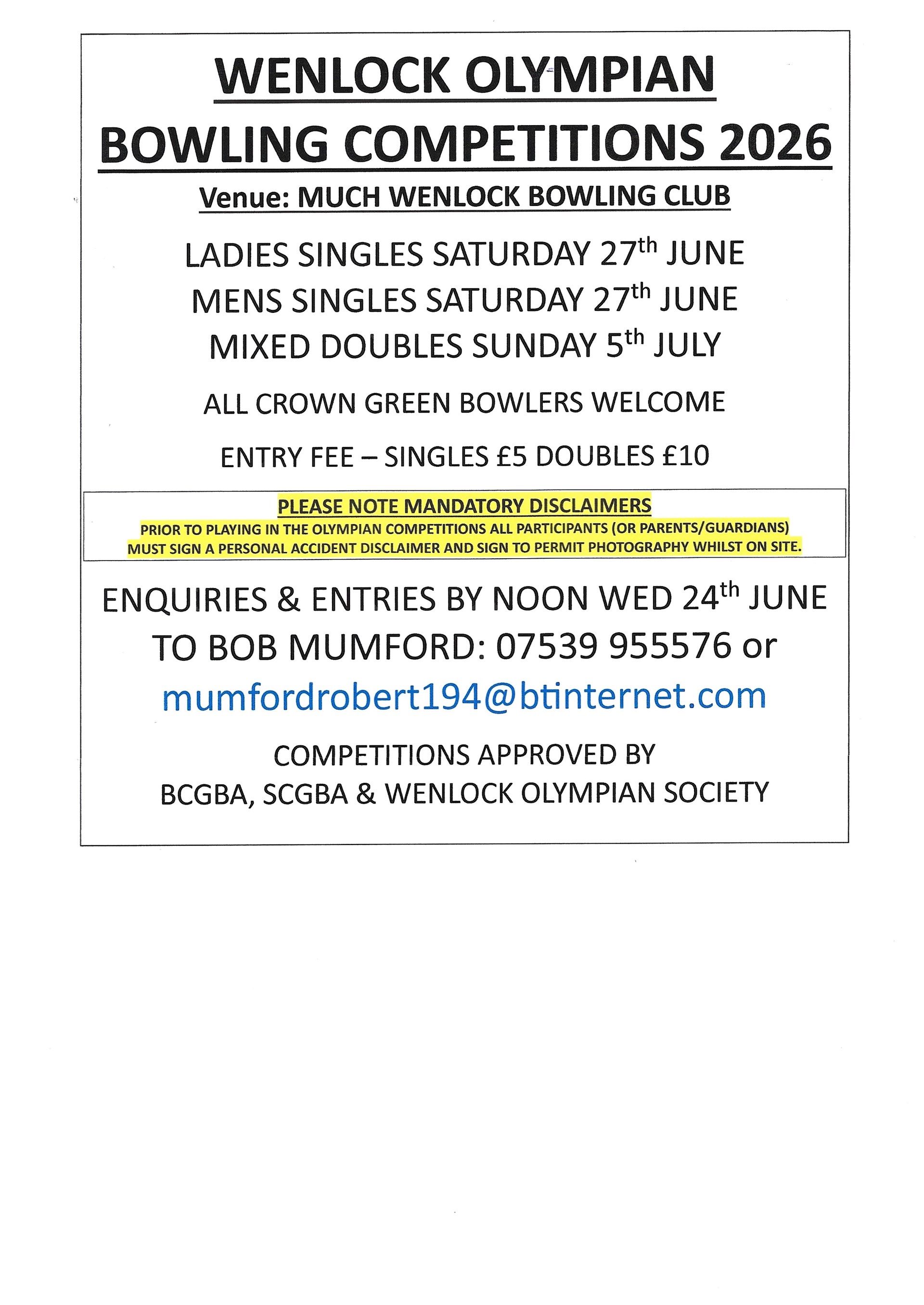 Much Wenlock Bowling Club OLYMPIAN BOWLS